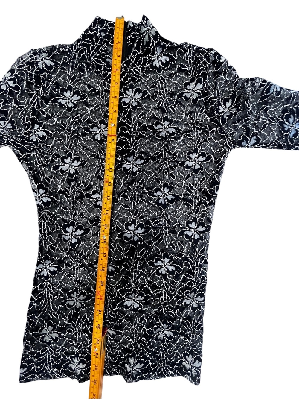 Anne Fontaine Black Silver Metallic Lace Mock Neck Bell Sleeve Top EU 36 US 4 - Picture 6 of 9